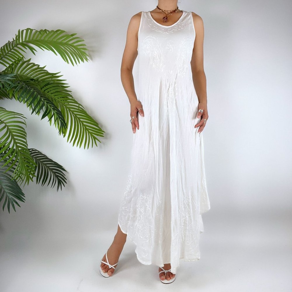 Vintage Y2K White Floral Boho Flowy Sleeveless Maxi Hippie Dress / Size: One - Picture 6 of 9